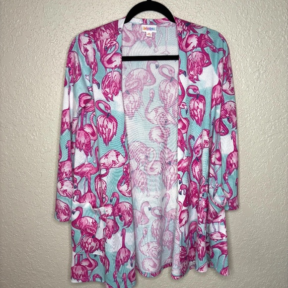 LuLaRoe Pink Flamingo Open Front Caroline Cardigan Sweater Women's Size XS - Picture 1 of 11